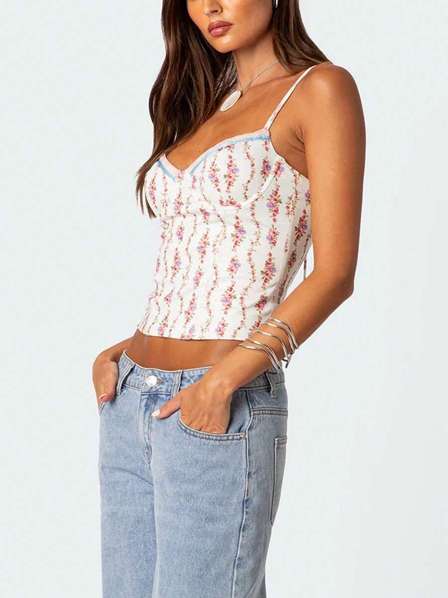 Women Floral Print Tie Strap V - Cami Top Lace ulasan dan harga