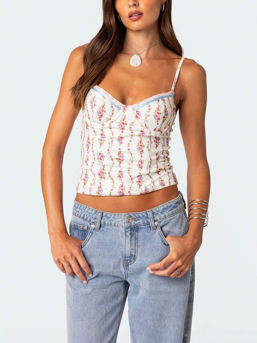 Women Floral Print Tie Strap V - Cami Top Lace ulasan dan harga